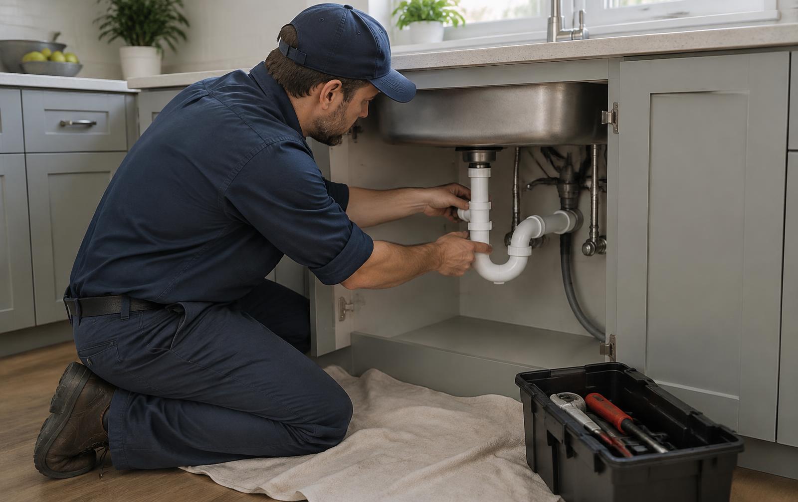Licensed plumber fixing a pipe under a kitchen sink